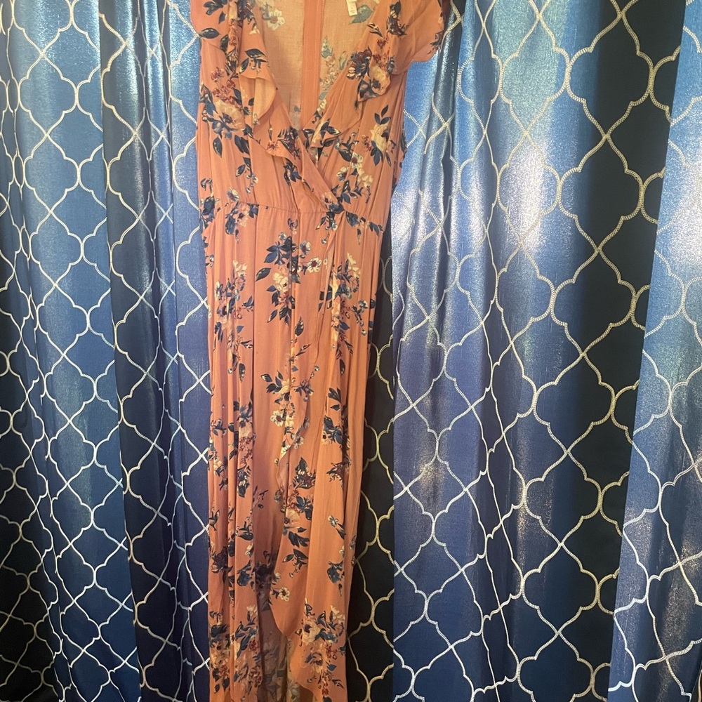 Floral Rust Wrap Style Dress with Ruffle V-Neck
